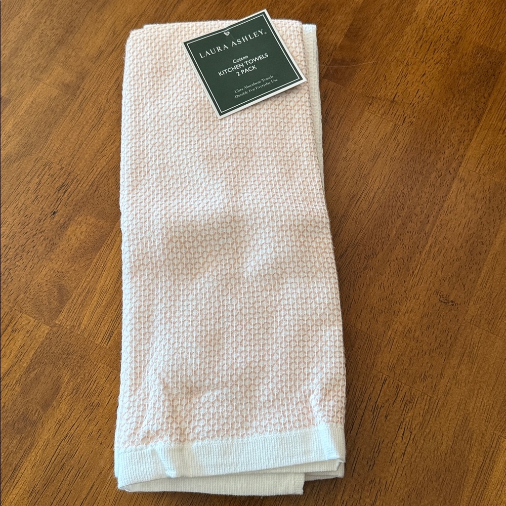 Laura Ashley Set of Two Kitchen Towels 16" x 28" cotton pink grey dobby weave
